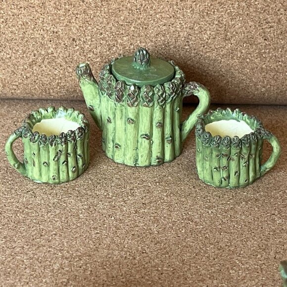 Vtg 90s Miniature Resin Asparagus Tea Set Mini Doll House Plate Garden Cottage - Picture 12 of 16